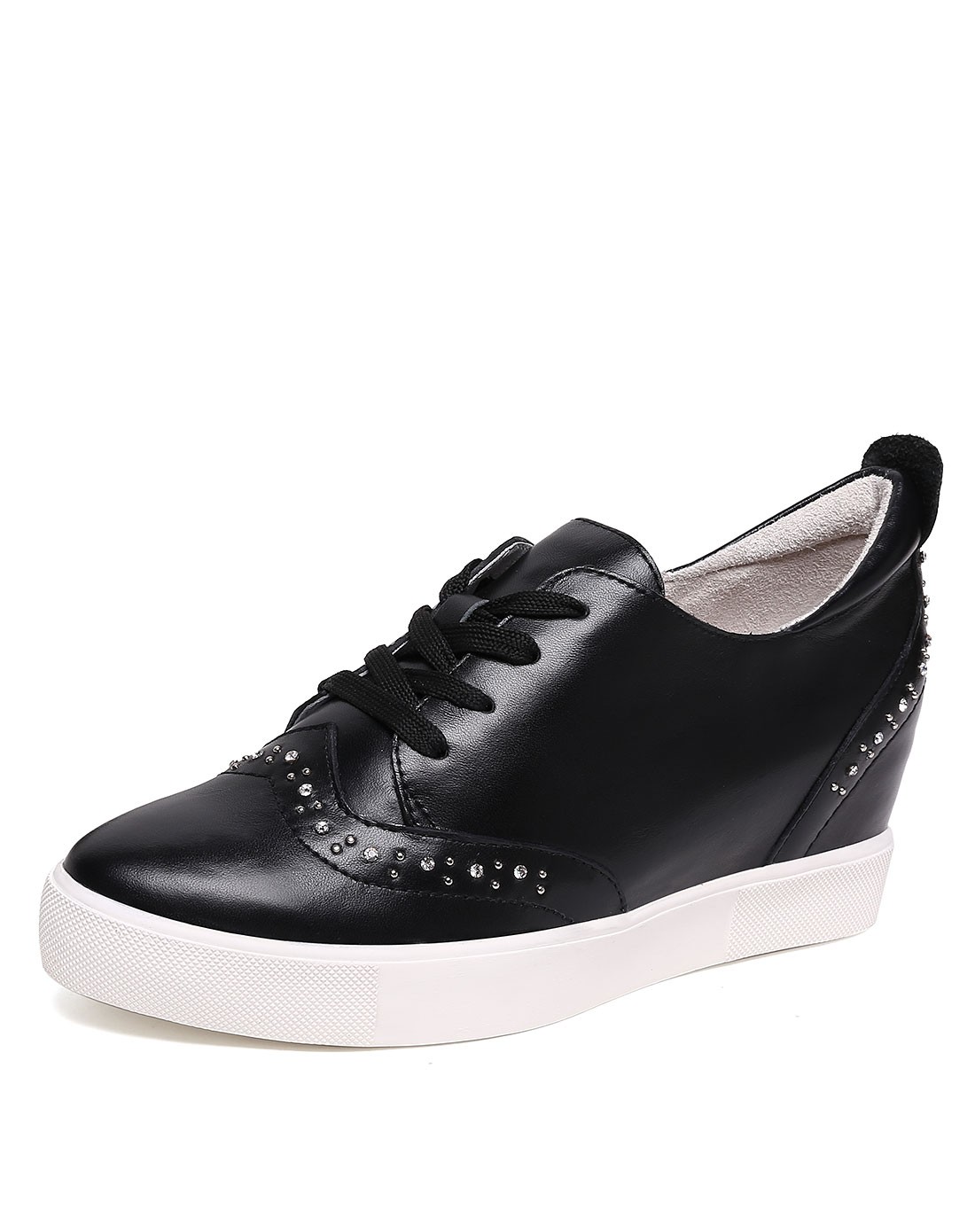 四季风女鞋专场 四季风2016年春季新款黑色牛皮革休闲单鞋