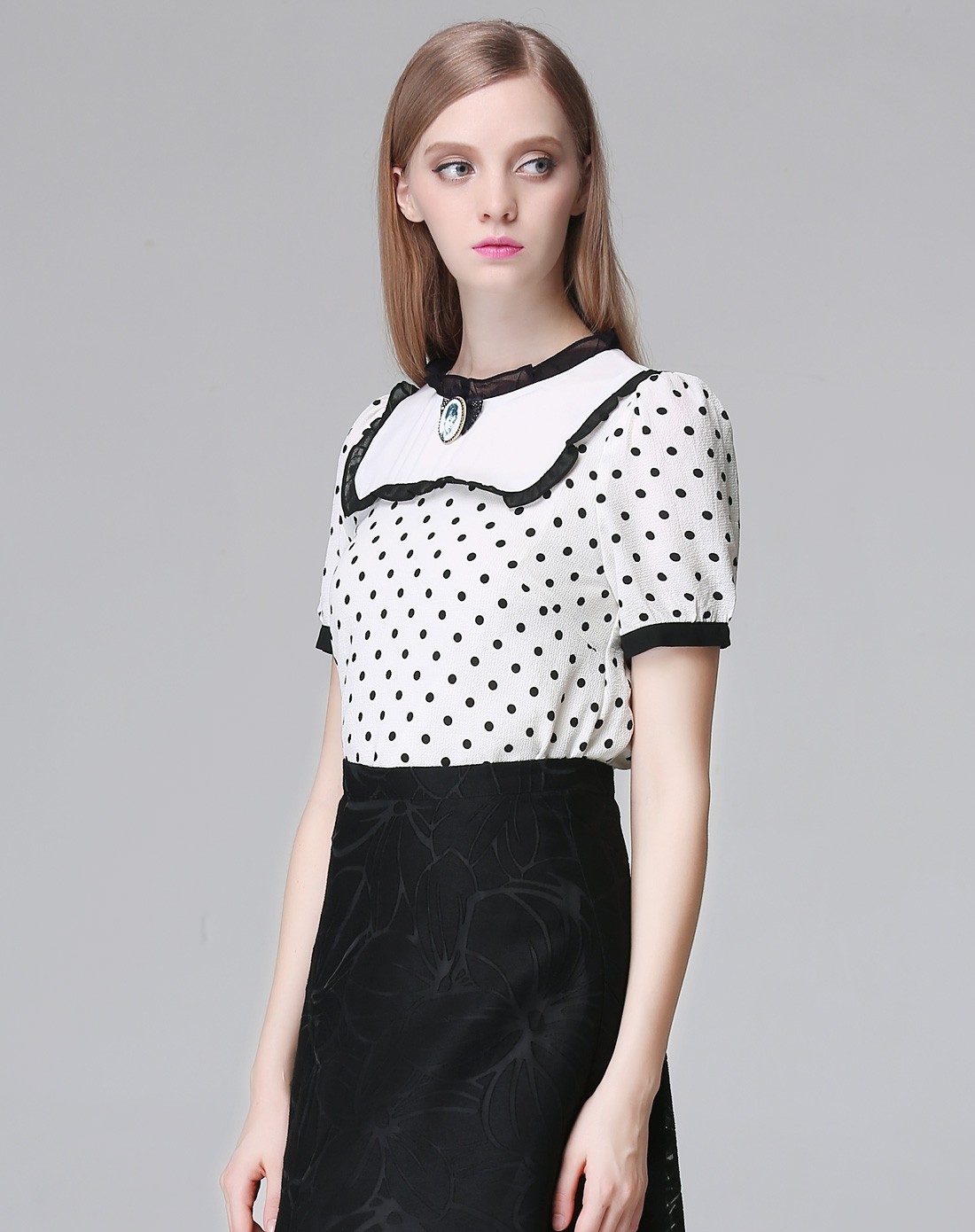 梵希蔓vimly白底黑点甜美气质短袖上衣vim15b65392_唯品会