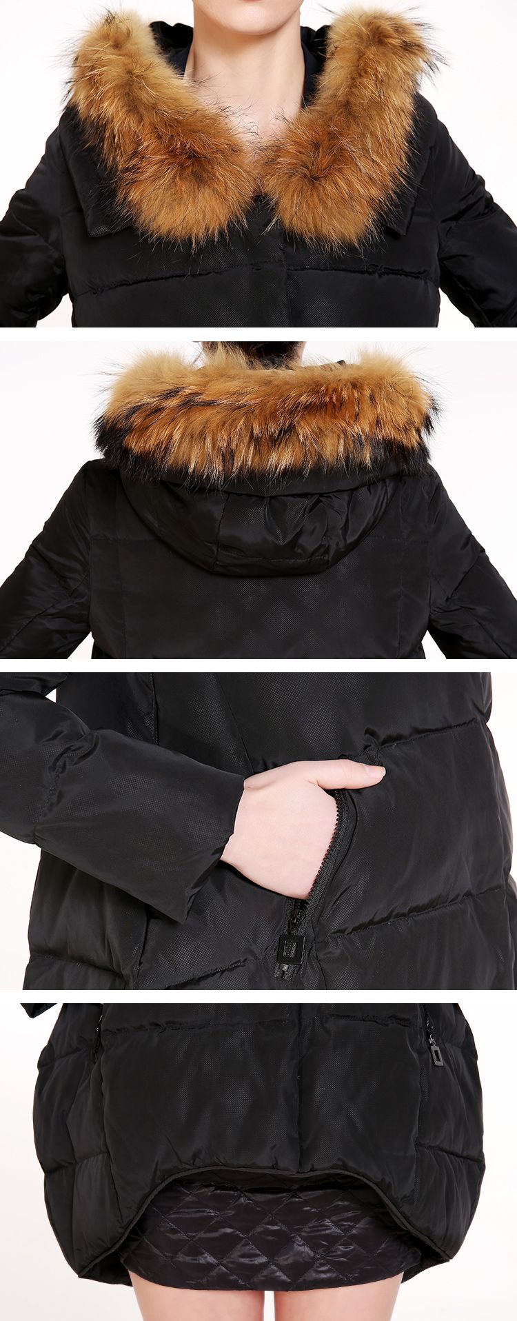 黑色貉子毛帽沿曲线下摆a版连帽羽绒服