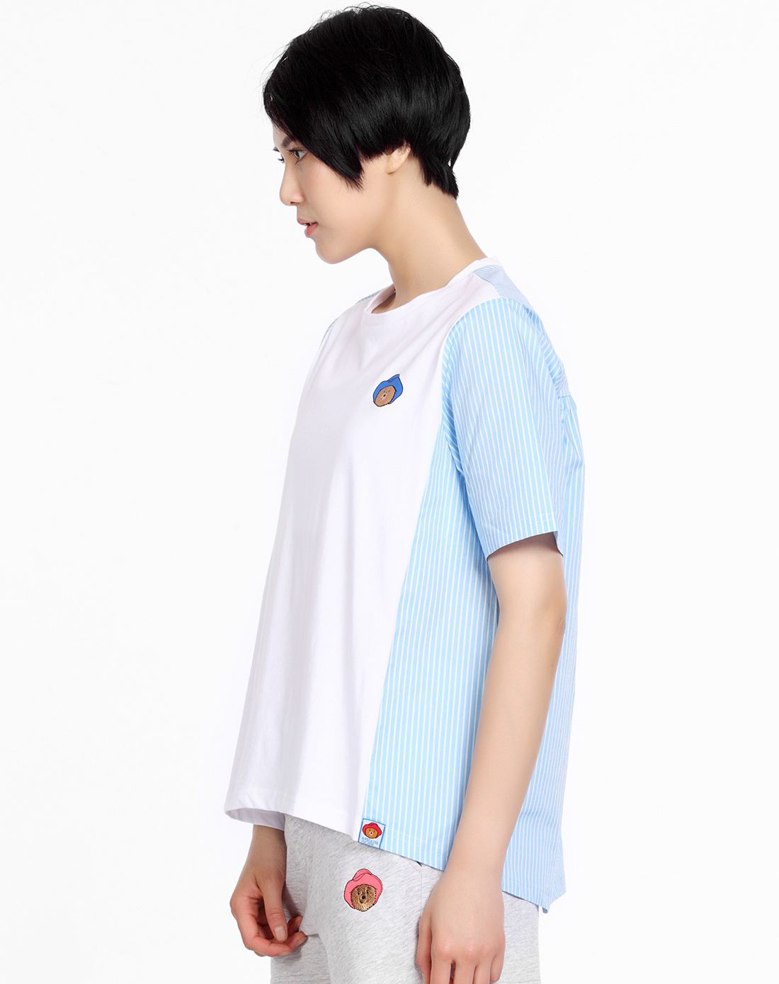 个性女款蓝白条拼接运动圆领t