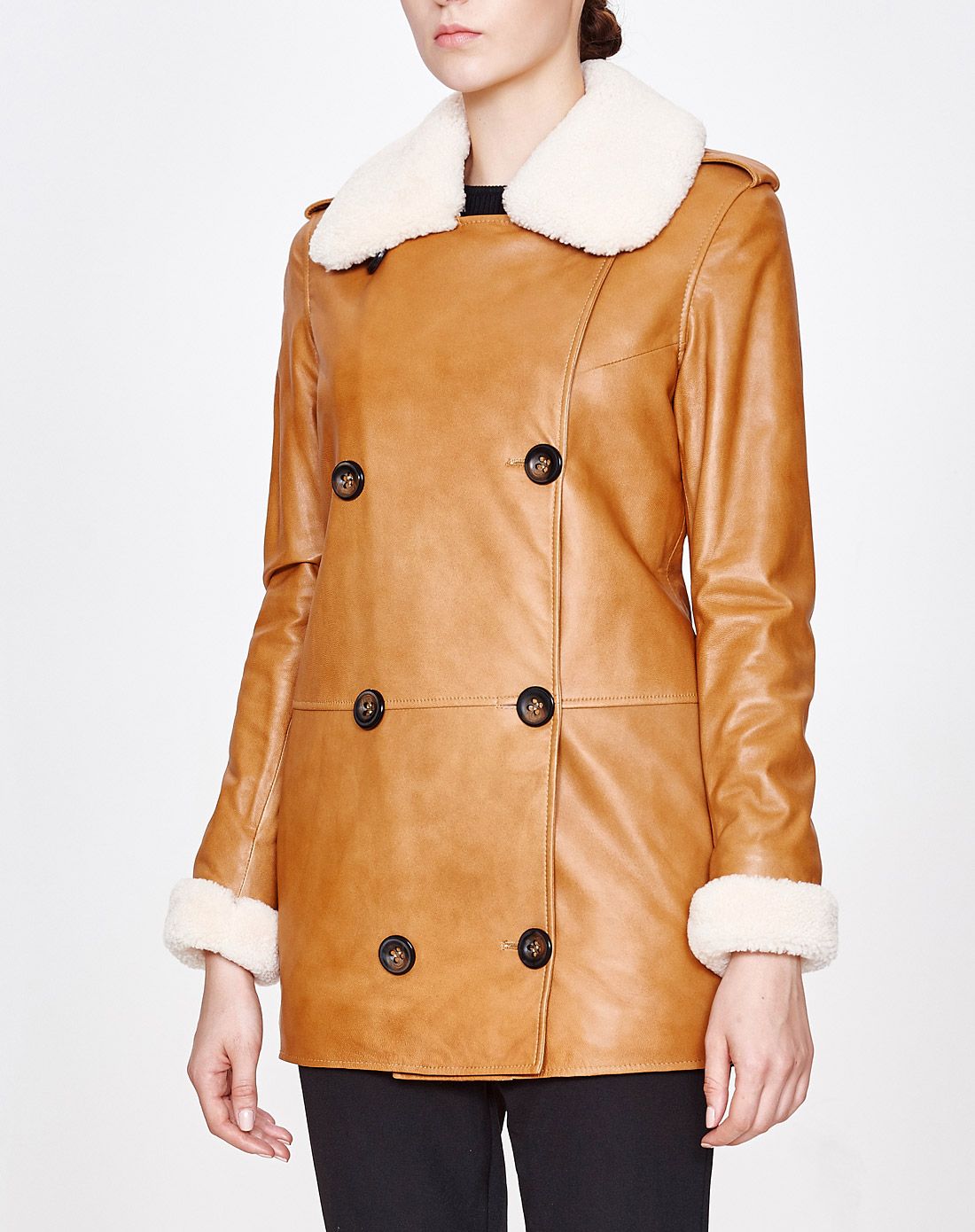 土黄色绵羊皮羊毛领长款皮衣