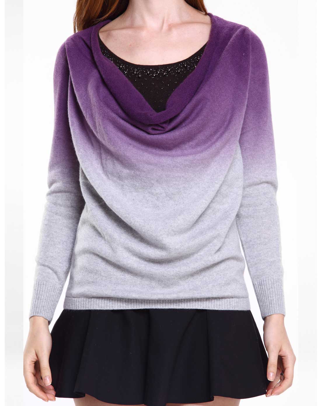 女款灰/紫色渐变假两件长袖山羊绒衫