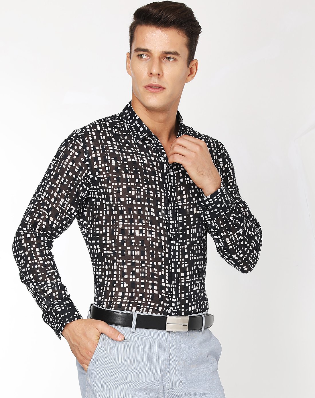 佛伦帝奴fllorinteno男装专场 数码网格提花时尚翻领休闲长袖衬衫黑