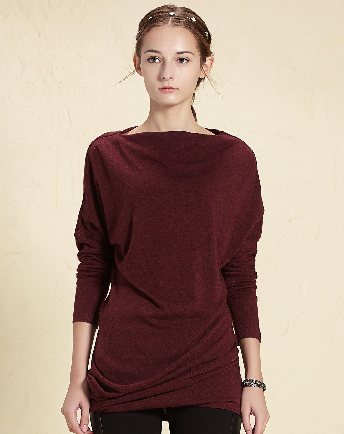 暗酒红色宽松针织衫