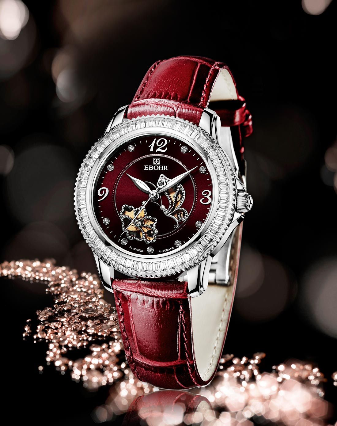 > (专柜同款) 蝶恋花时尚镶锆石镂空自动机械女表