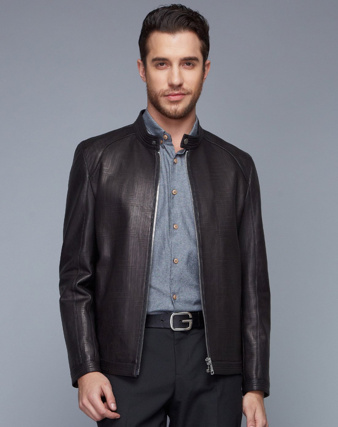 男款黑色羊皮短款西装外套