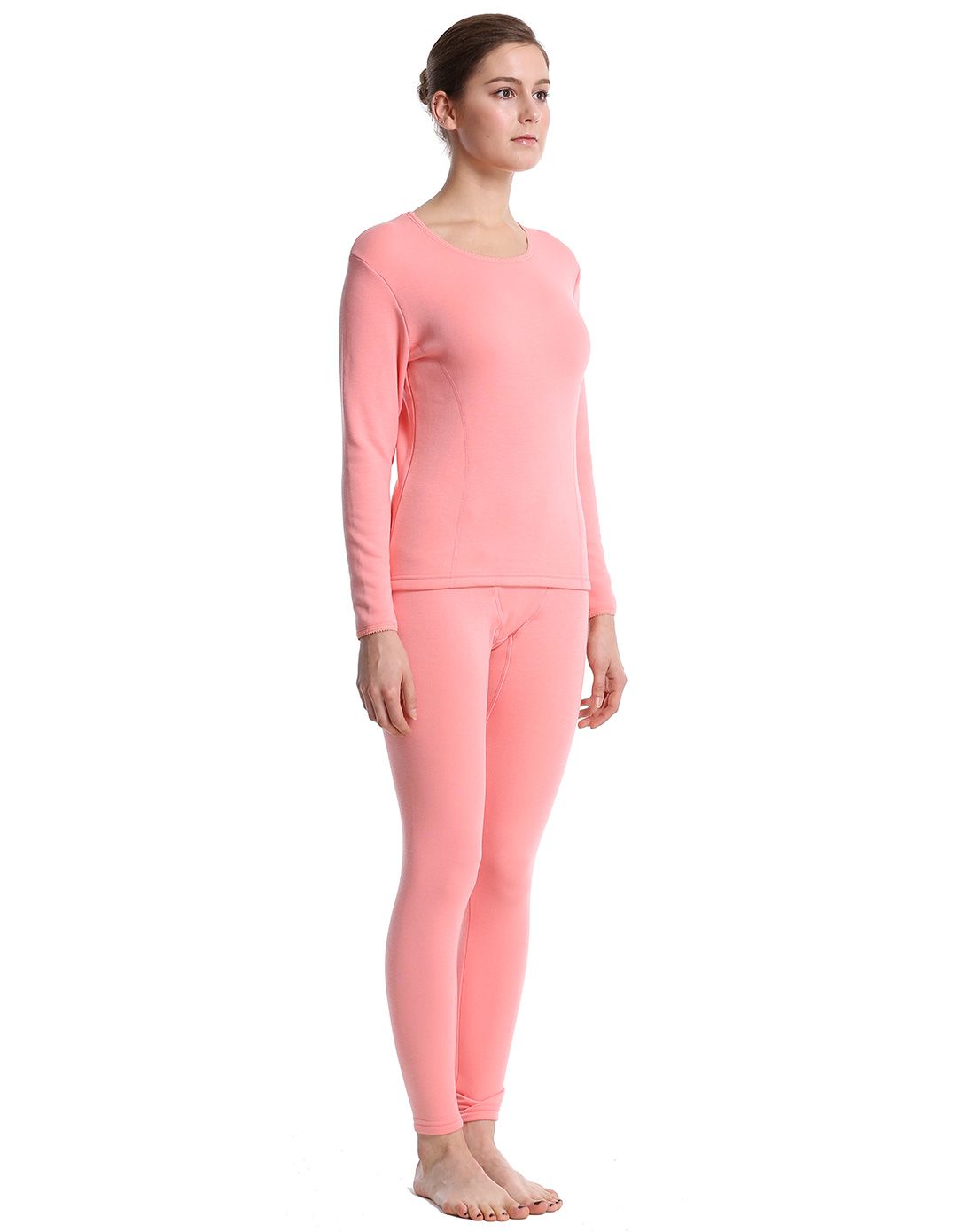 女浅橙桑狐立绒圆领长袖内衣套