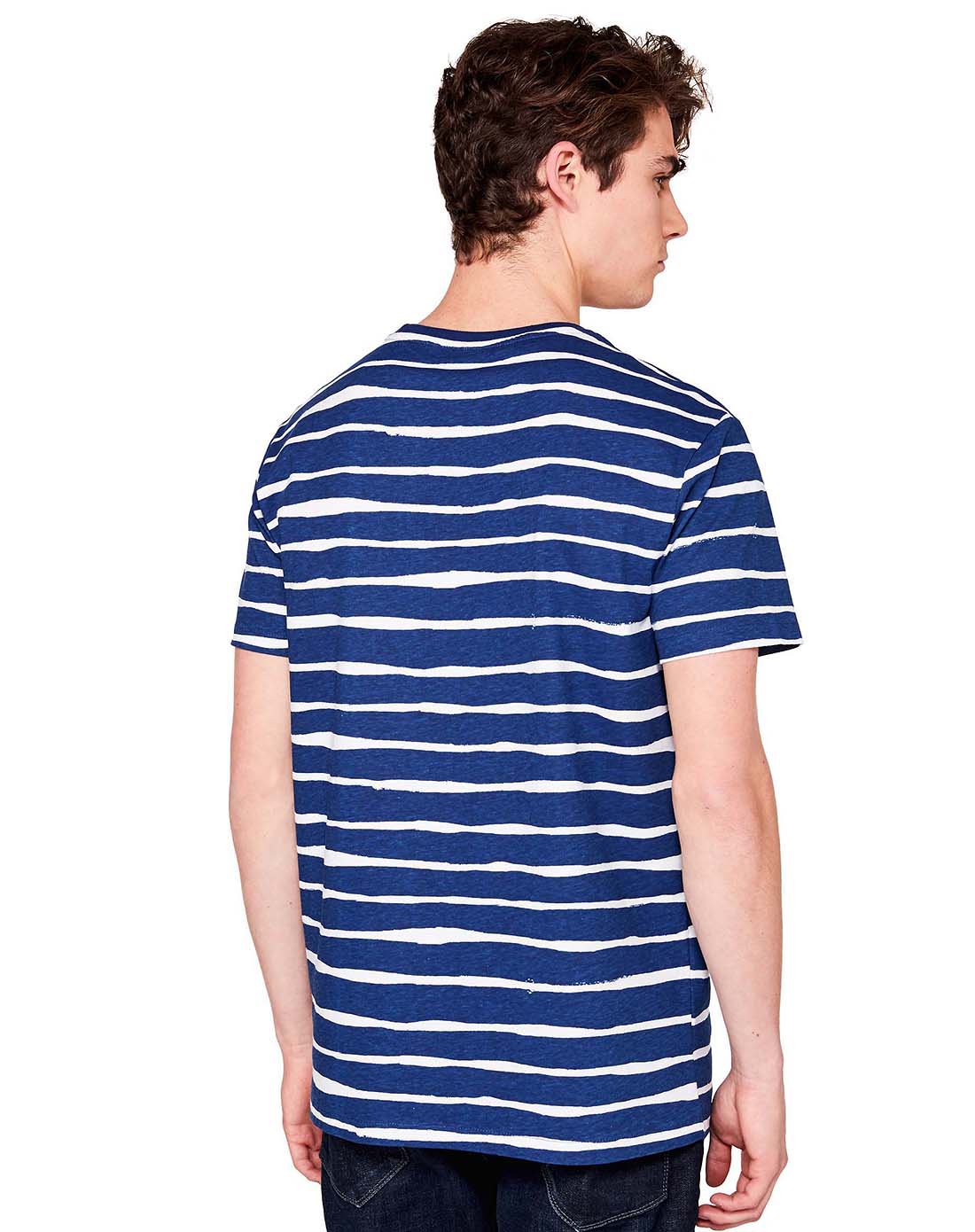 benetton贝纳通男款蓝色波浪条纹印花t恤