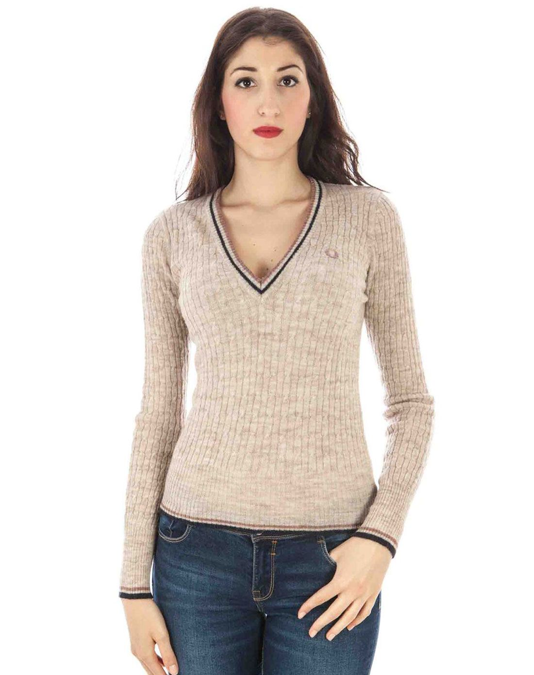 > fred perry 女装浅杏色v领时尚长袖针织衫