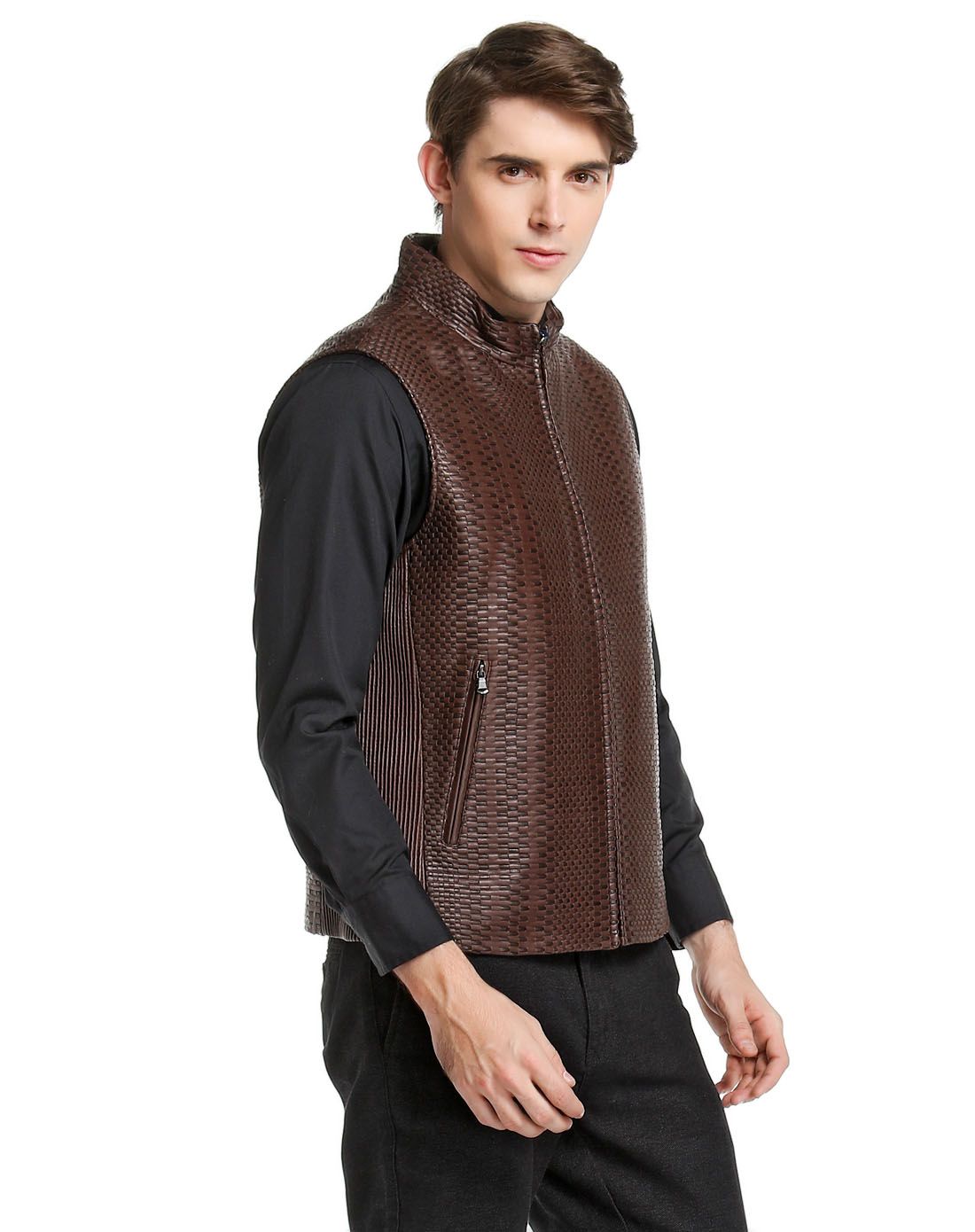 咖啡色英伦风时尚皮马甲