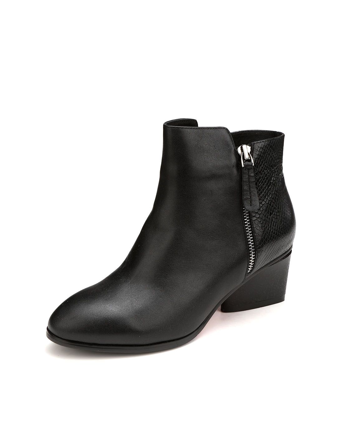 博斯绅威bosssunwen男女鞋女款黑色牛皮侧拉链百搭中跟短靴5f99009a