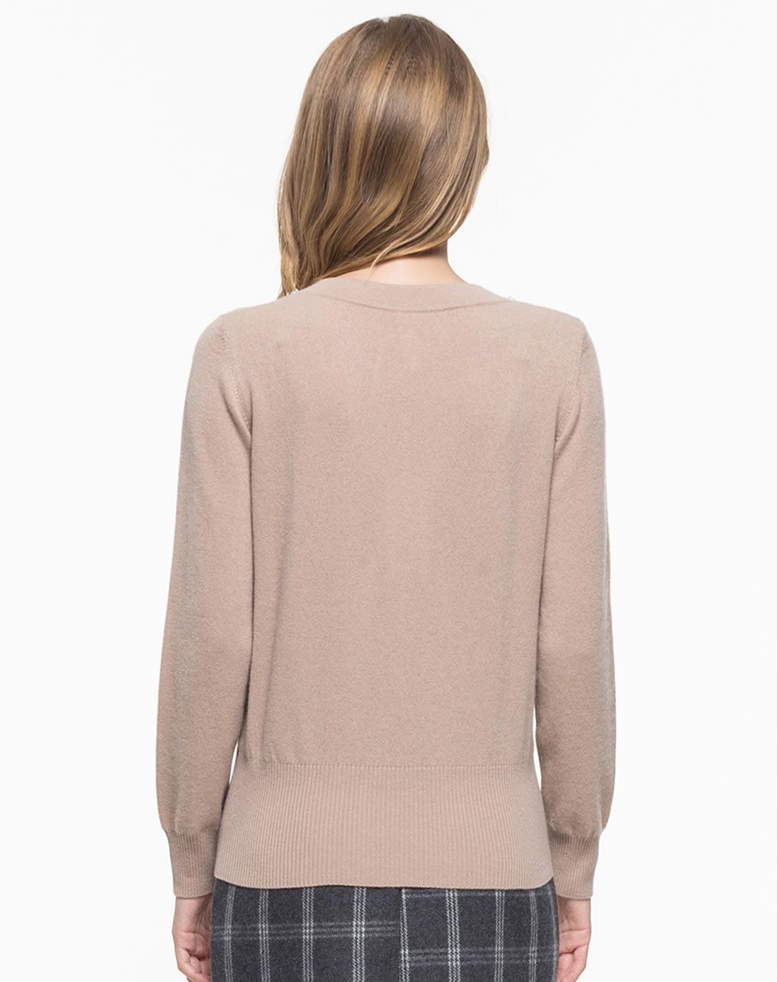 女式深杏色100%山羊绒圆立领钻饰羊绒衫