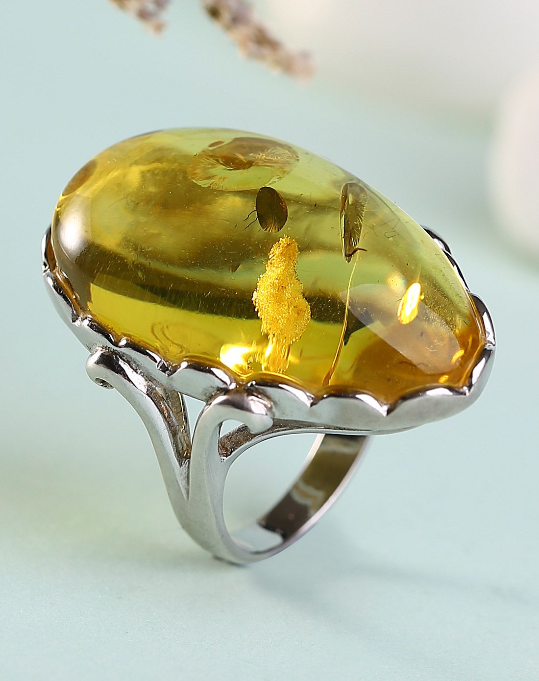 昊天琥珀 古典优雅天然花珀戒指附证书附证书