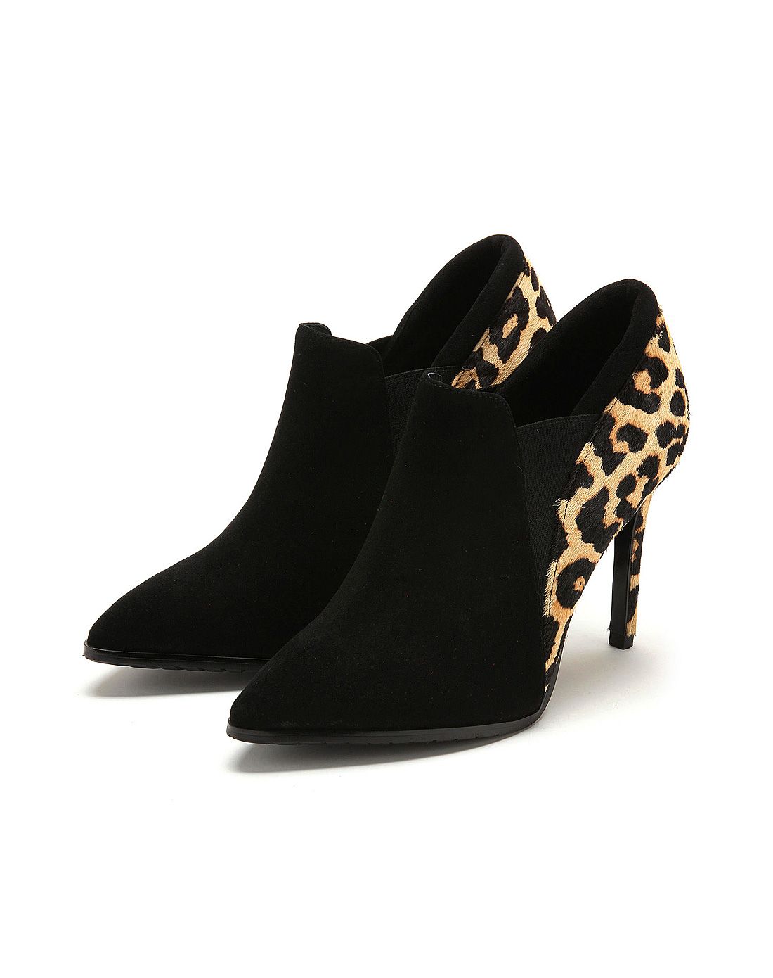 迪芙斯dfuse 黑色/自然色羊反绒/豹纹牛毛皮革时尚裸靴