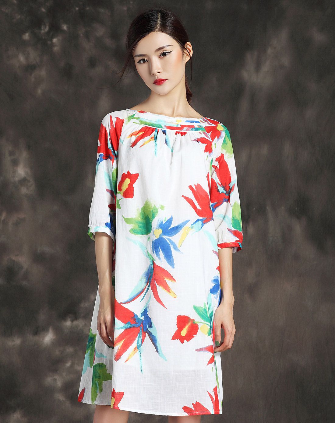 天意tangy白/多色气质典雅中袖连衣裙w1638093950_唯品会