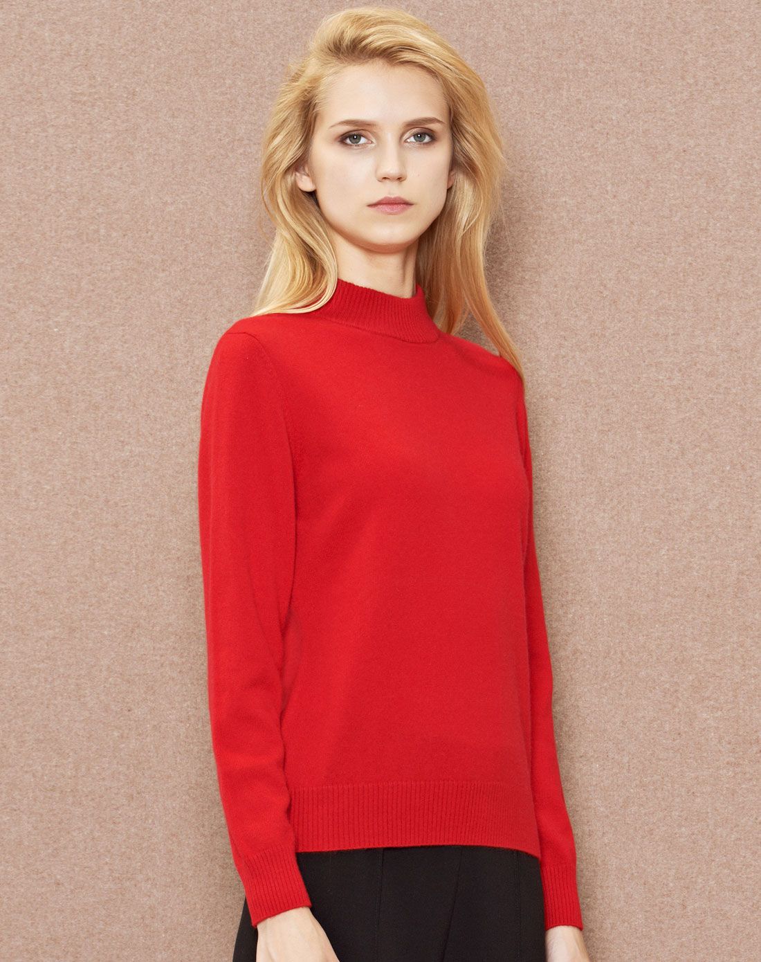 女式大红色半高领基本百搭羊绒衫