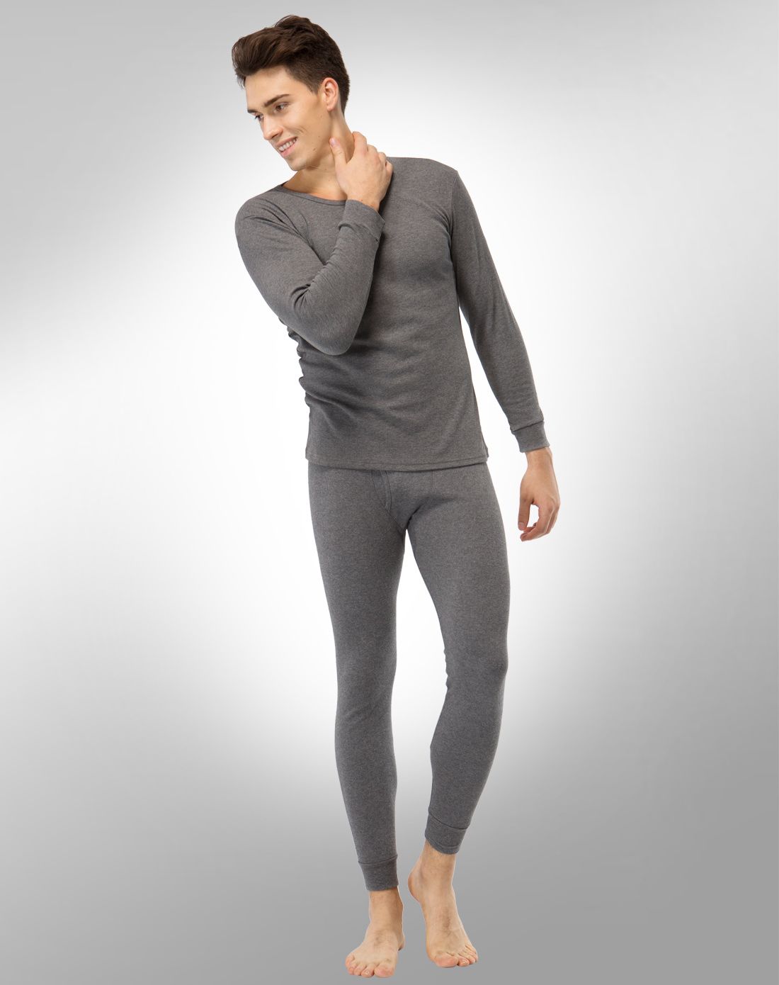 梦特娇男装圆领健康纯棉内衣套装麻灰