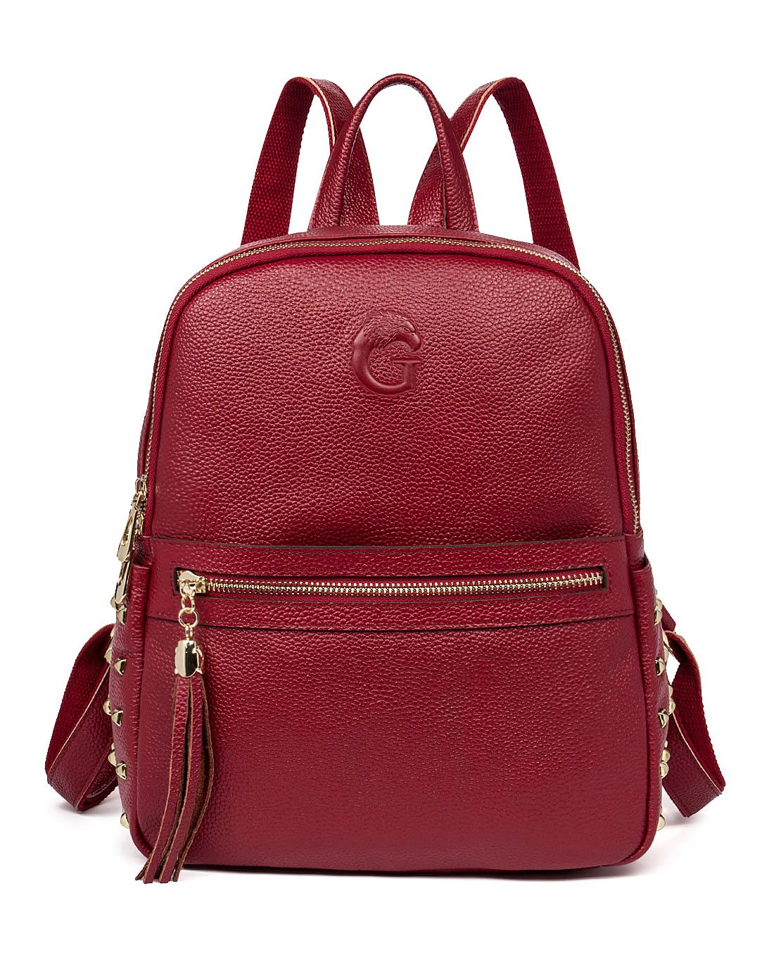 女士休闲头层牛皮宝红色双肩包