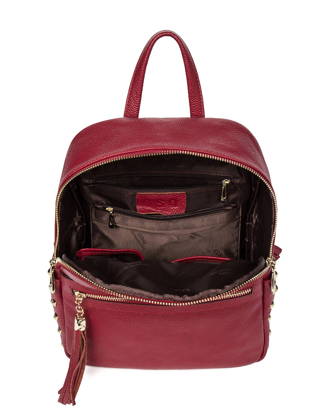 女士休闲头层牛皮宝红色双肩包