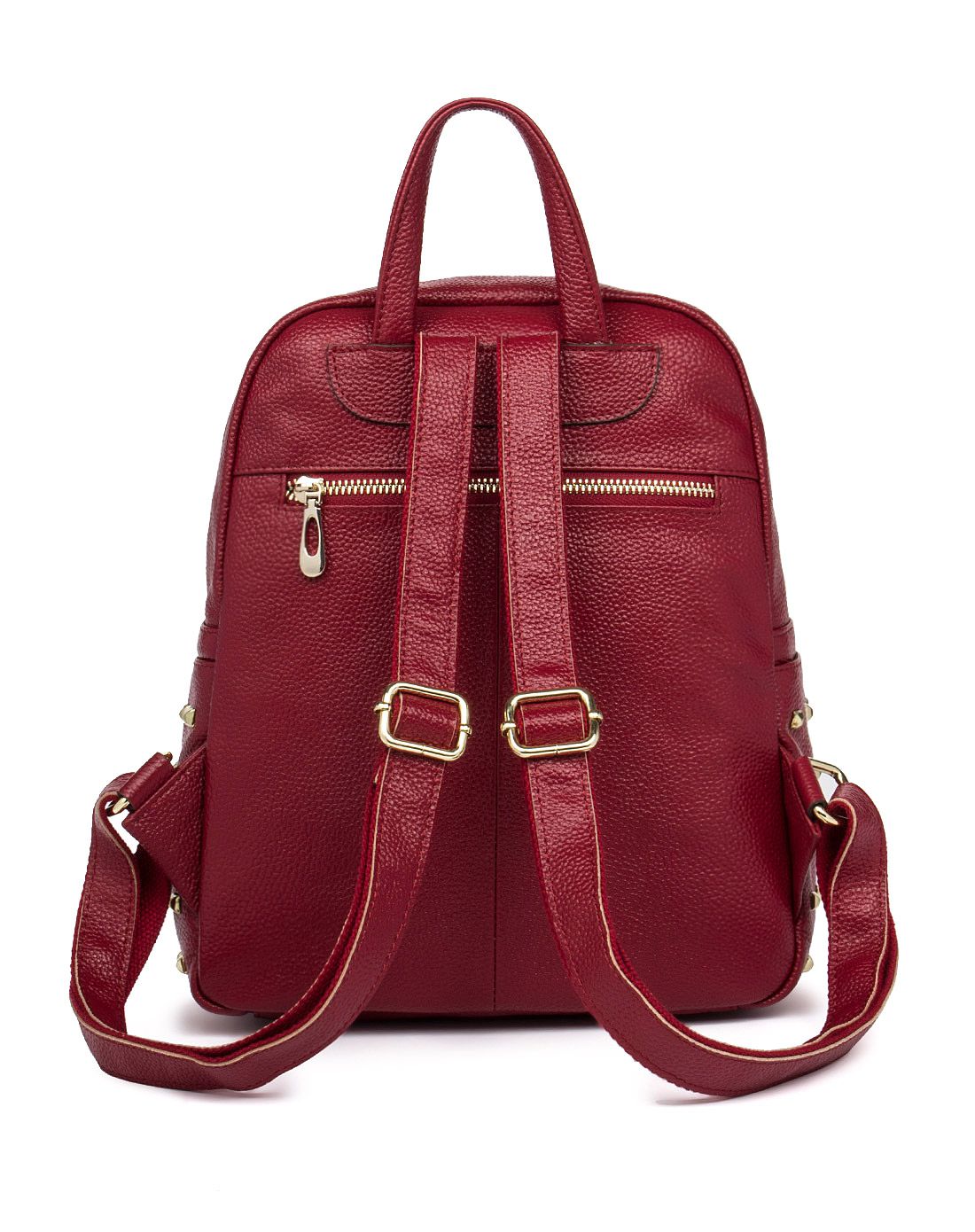 女士休闲头层牛皮宝红色双肩包