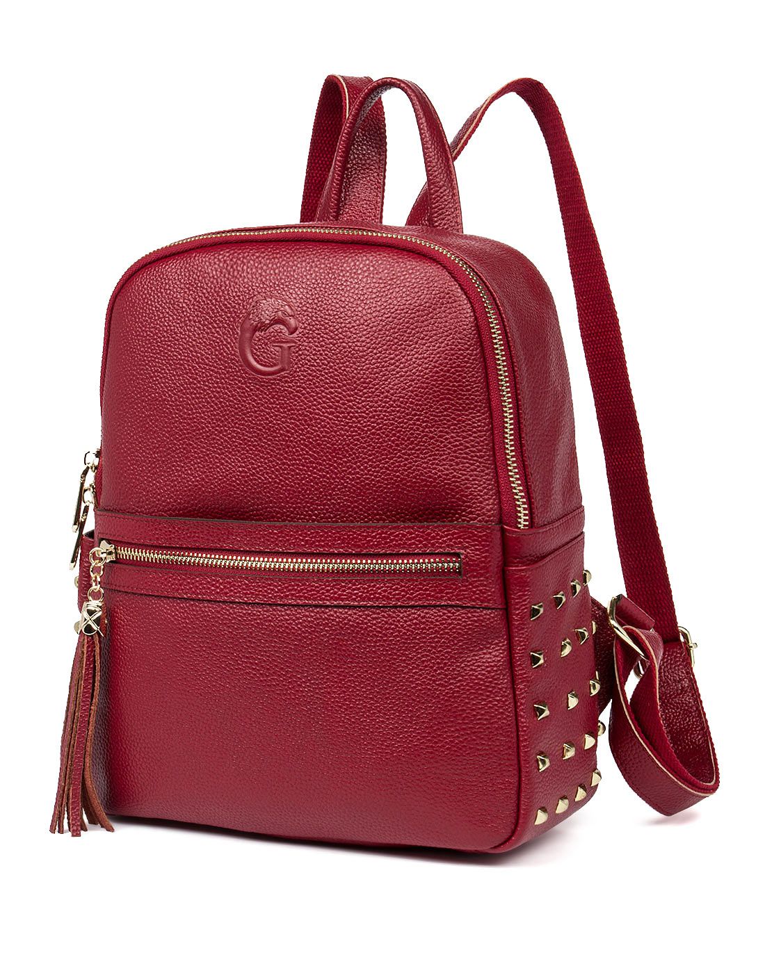 女士休闲头层牛皮宝红色双肩包