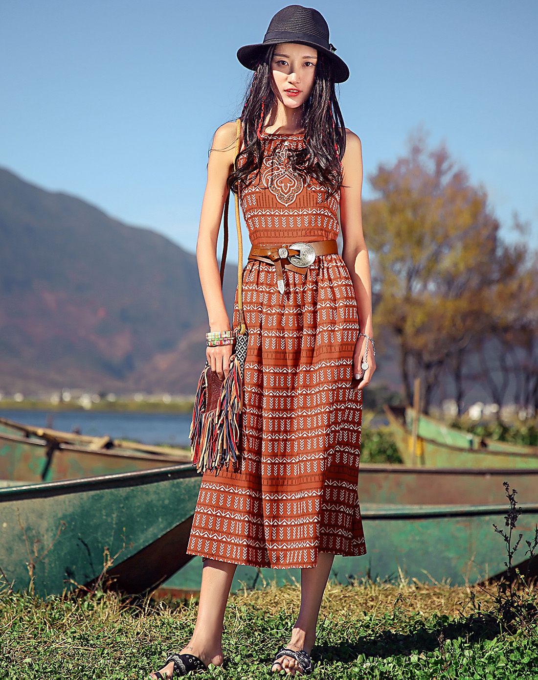 裂帛花色无袖烫钻装饰印花修身连衣裙女