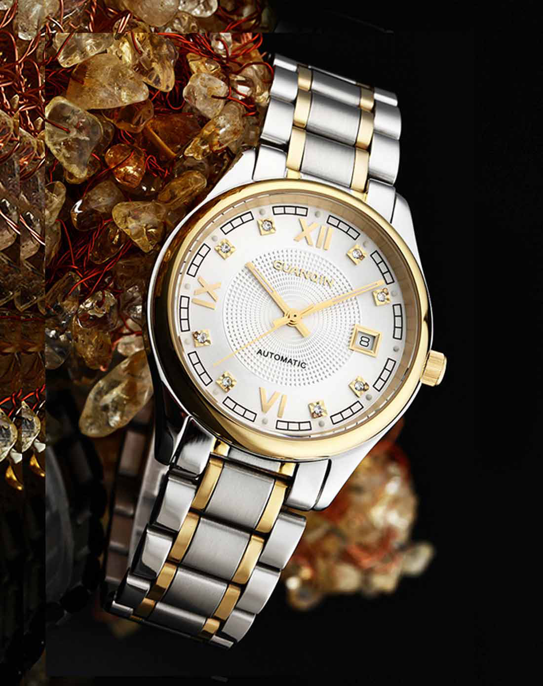 冠琴 罗马镶钻金白单历进口机芯全自动机械男表