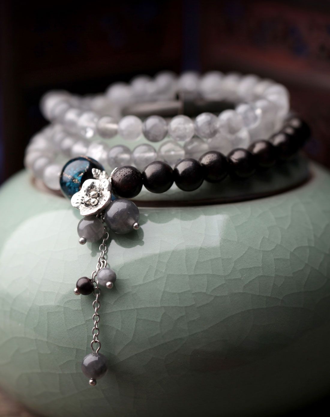 凤凰涅磐 蓝染 多层蓝色琉璃珠云水晶手链