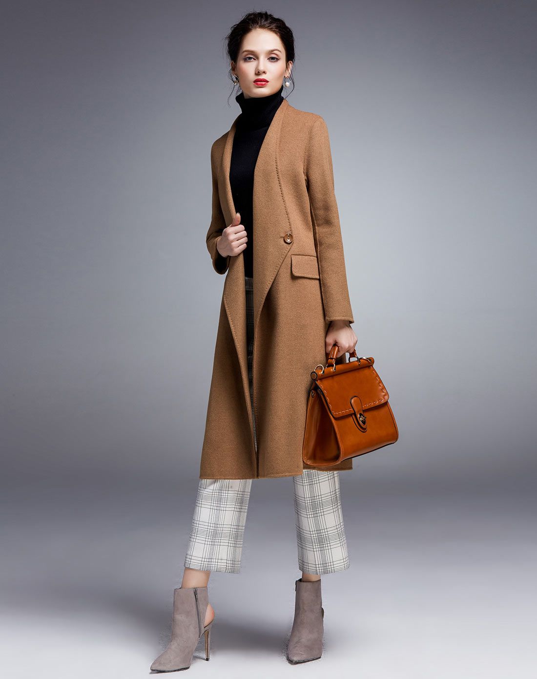 中驼色欧美休闲双面羊毛呢长款大衣