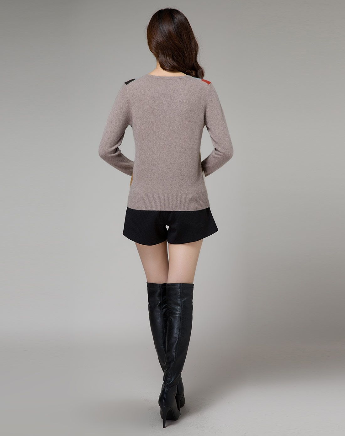 女款圆领驼灰/红褐色长袖纯羊绒开衫