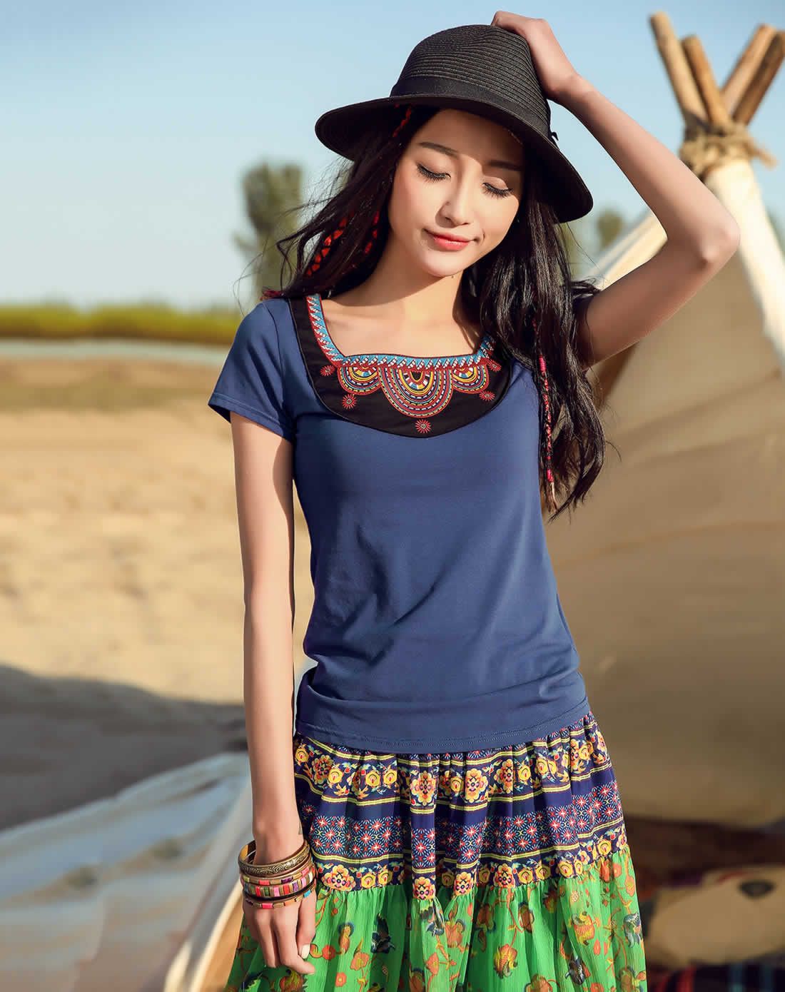 裂帛&莲灿女装裂帛深蓝异域风贴布刺绣t恤511514921204_唯品会