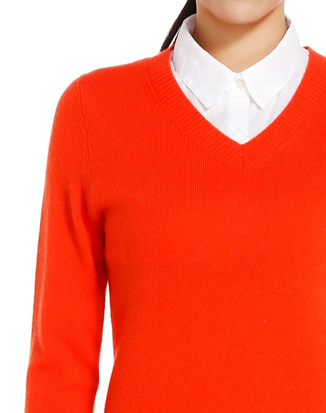 深橙红色休闲v领长袖羊绒衫