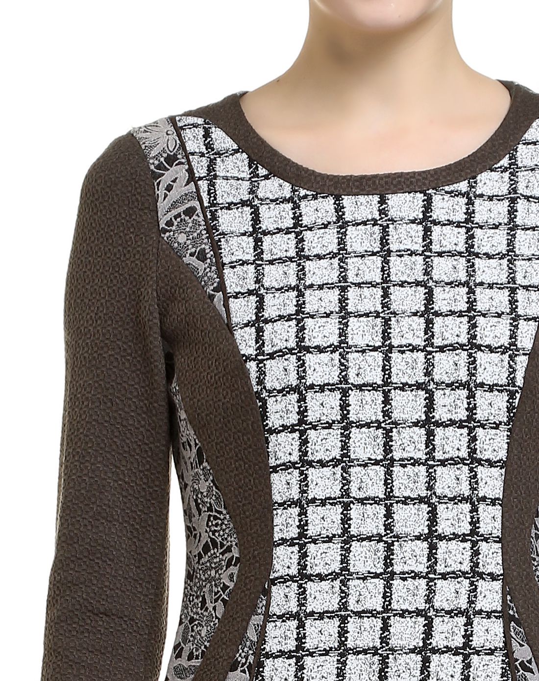 深灰绿/多色时尚格纹八分袖连衣裙