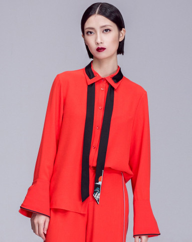 新款原创刺绣领带女红色衬衫