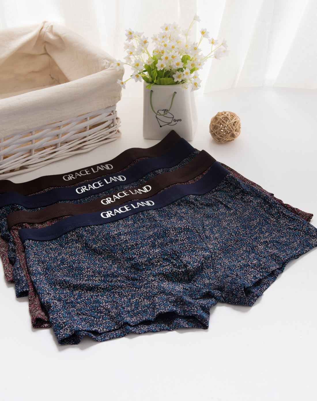 兰grace land家居用品专场4条装男式明筋印花平角内裤混色zn1120004w