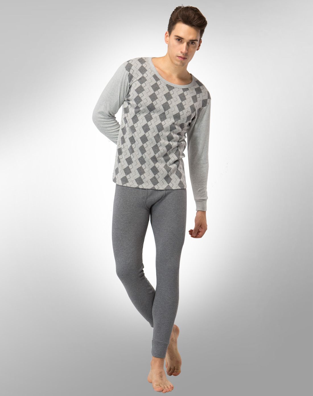 梦特娇男装圆领经典提花棉内衣套装麻灰