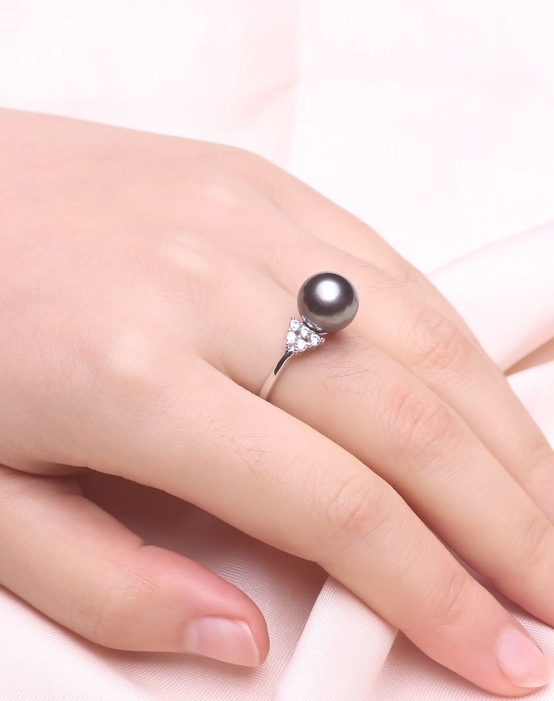 莹露 大溪地10-11mm海水黑珍珠戒指 戒圈可调节