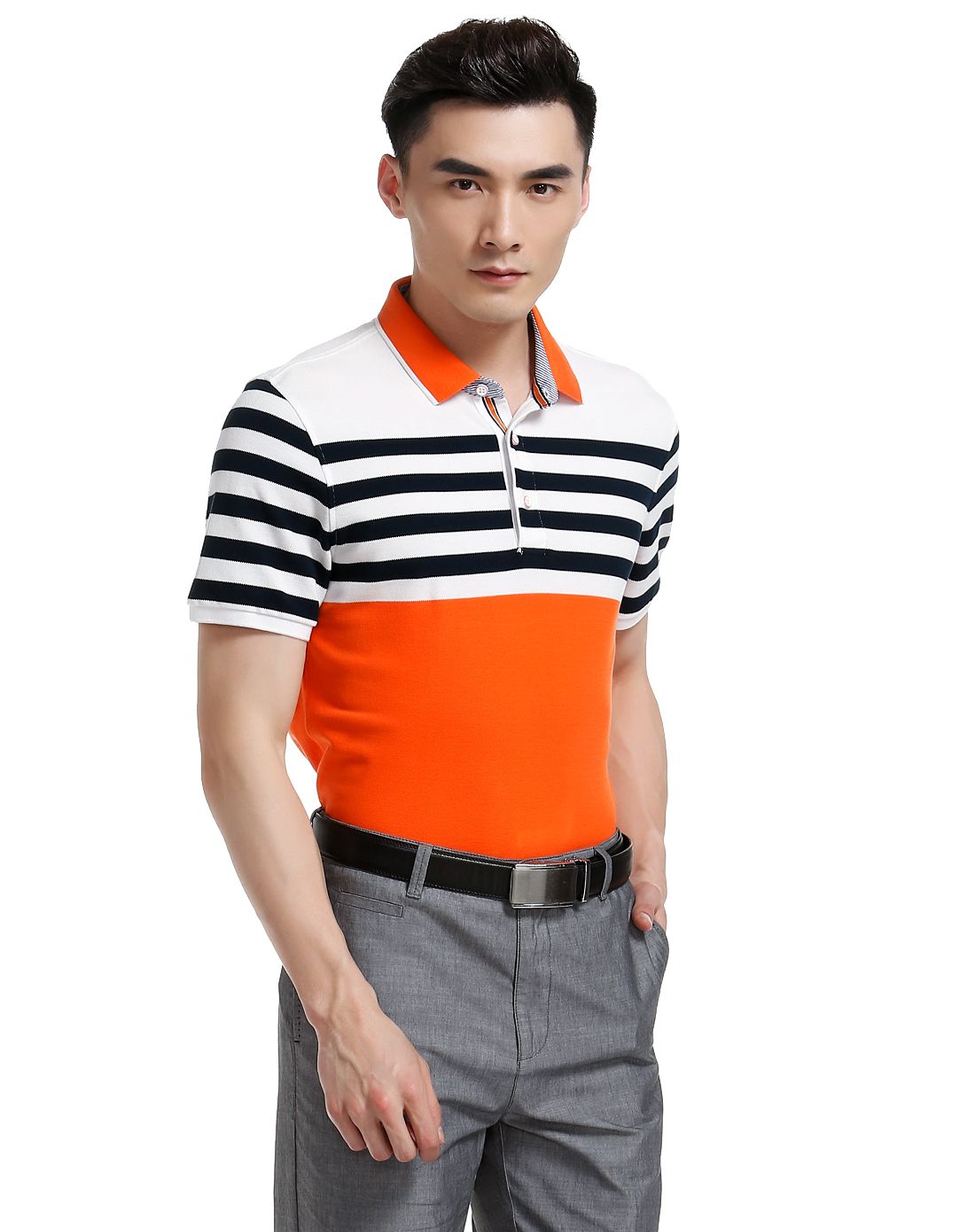 橙/多色舒适简洁半开襟短袖t恤