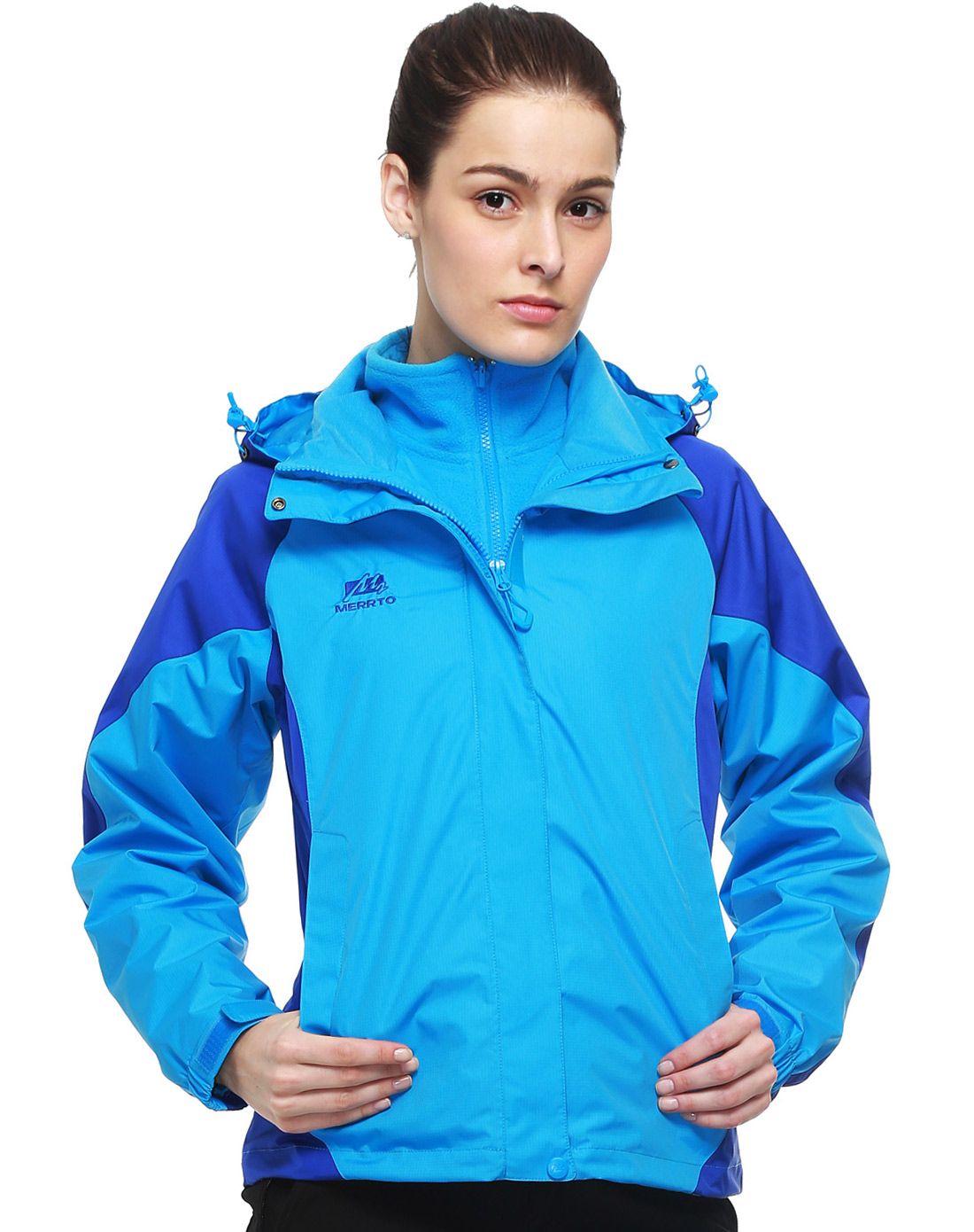 女款蓝色/深蓝色双线格两件套冲锋衣