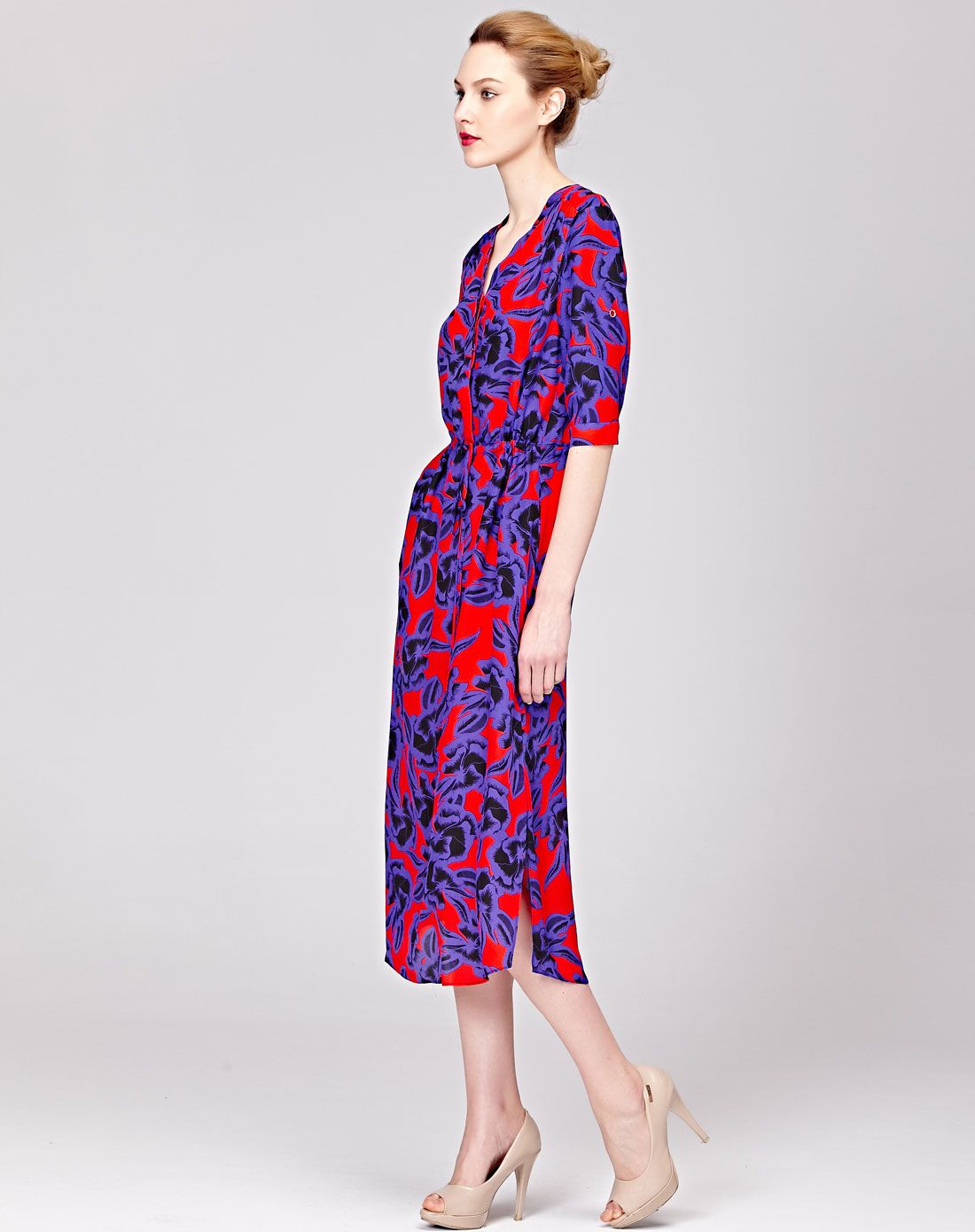 红底蓝花真丝长款连衣裙