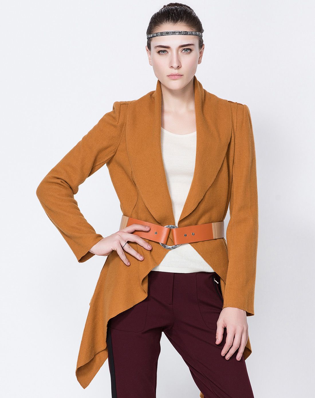 灰橙色时尚不规则修身保暖羊毛毛呢外套上衣女