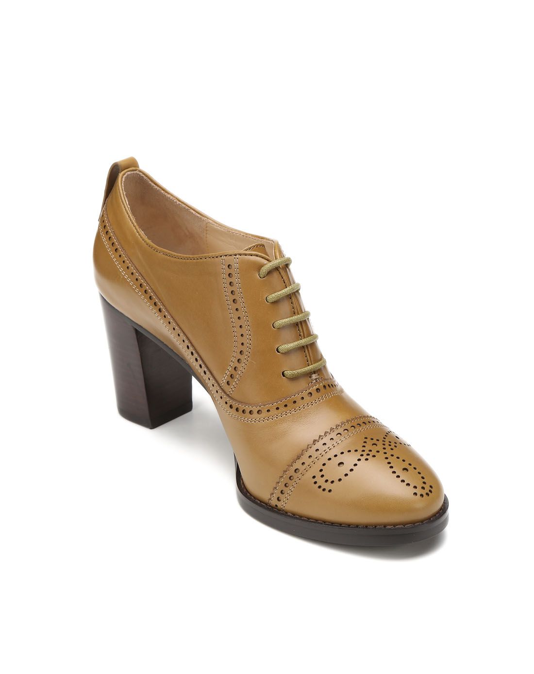 哥弟girdear浅棕色复古花纹绑带粗跟皮鞋