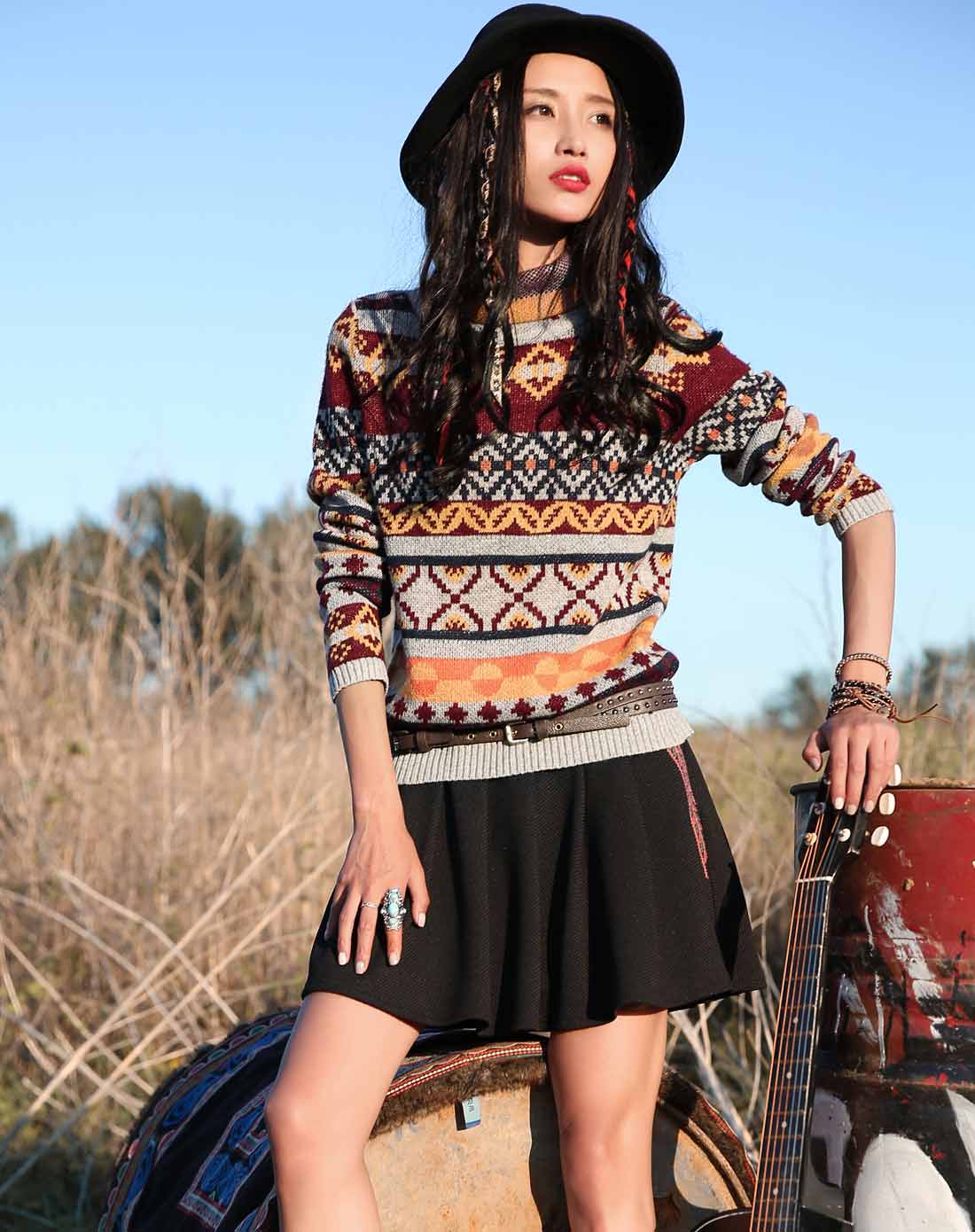 裂帛&莲灿女装裂帛花色异域风抽象提花直筒套头毛衣511512671304_唯品