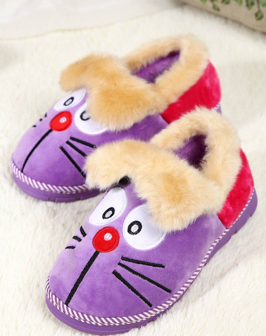 女款紫色机器猫卡通棉鞋