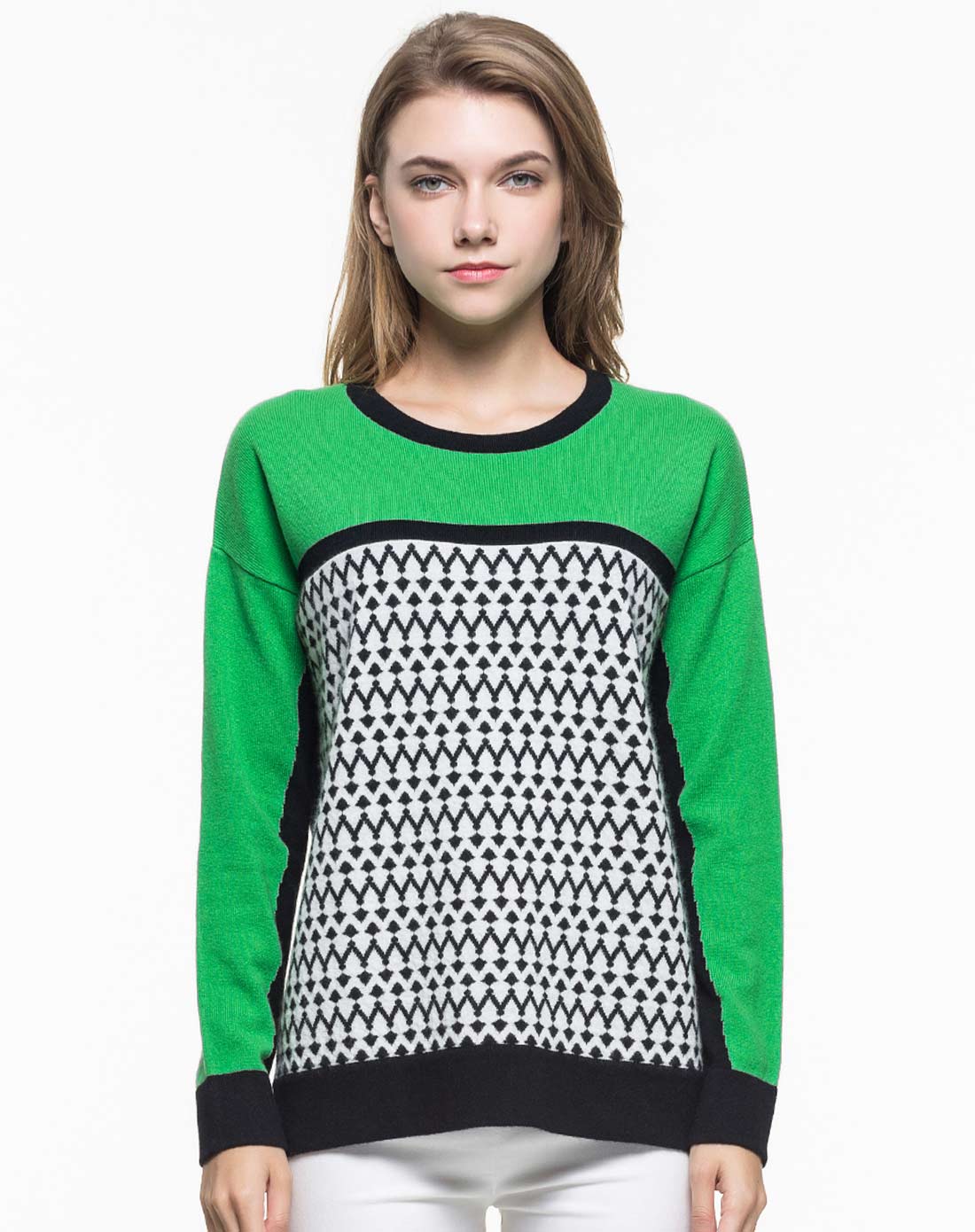 女式青翠色100%山羊绒圆领组合提花加长羊绒衫