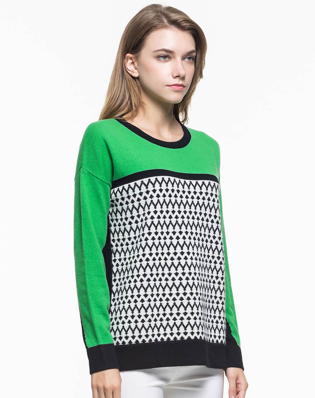 女式青翠色100%山羊绒圆领组合提花加长羊绒衫