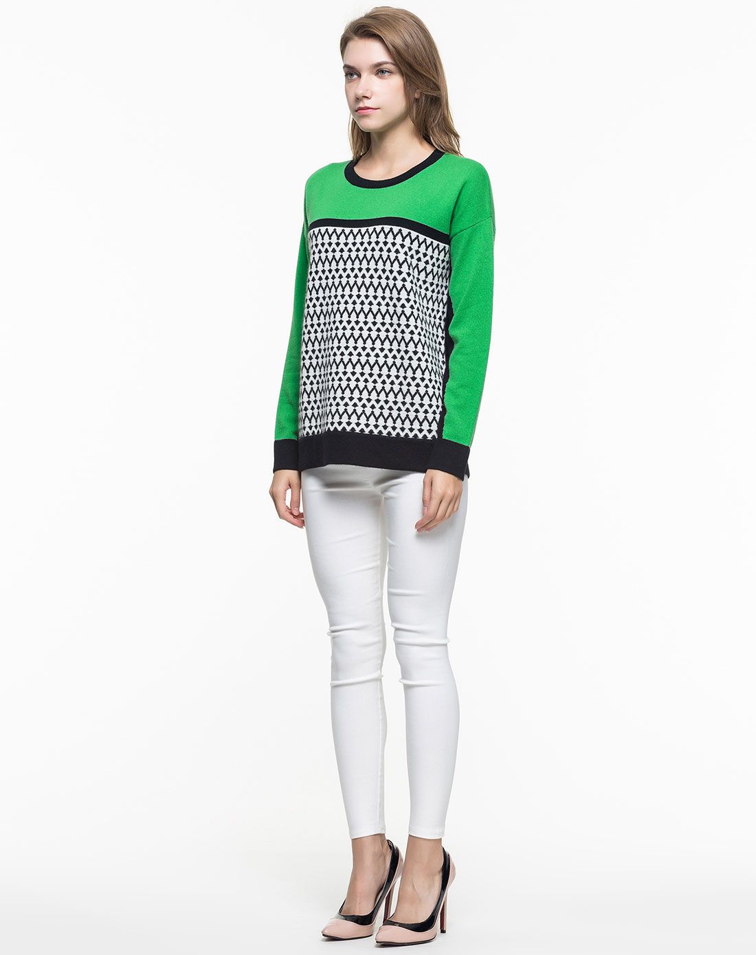 女式青翠色100%山羊绒圆领组合提花加长羊绒衫