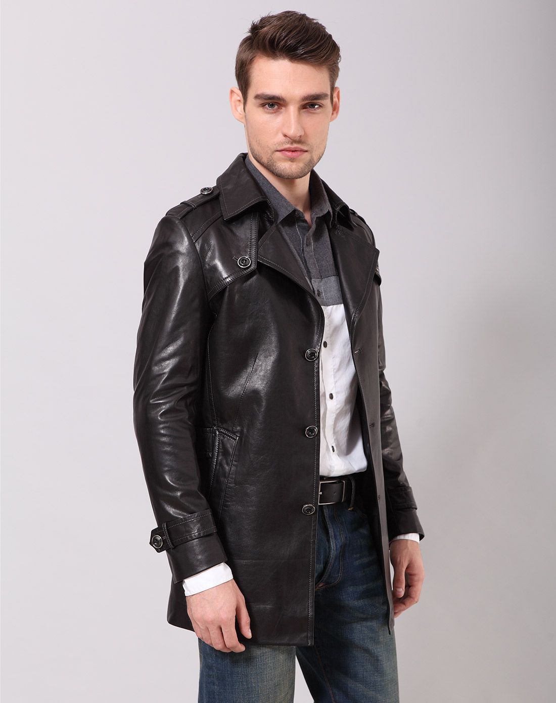 璐仙奴luchino男女皮衣男黑色时尚休闲款中长绵羊皮风衣8156303024