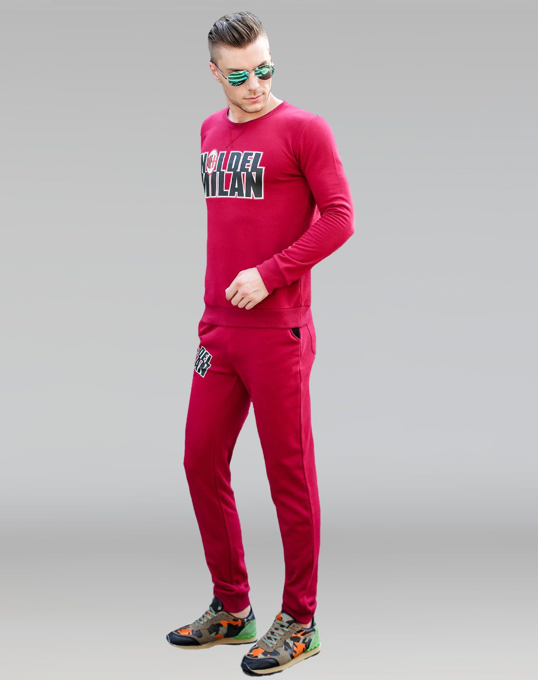 意大利ac米兰男士运动服专场精工裁剪 男款绛红休闲圆领套头套装ac