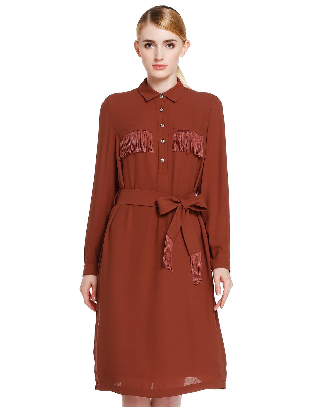 砖红色斯文流苏长袖连衣裙